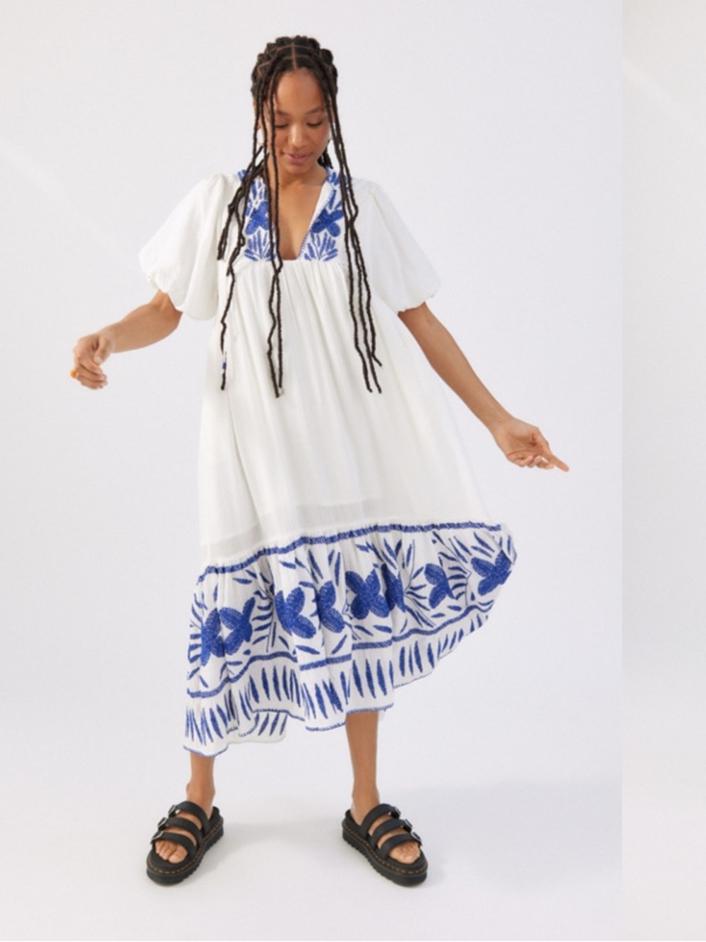 Urban Outfitters White & Blue Embroidered Puff-Sleeve Swim Cover-Up Dress